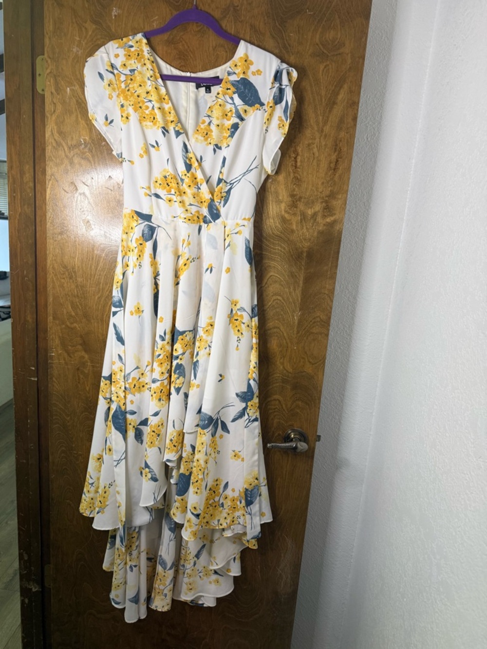 Lulus White Floral Wrap Midi Dress with Yellow Bloom